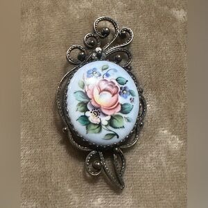 Vintage Russian Filigree Ceramic Hand Painted Brooch